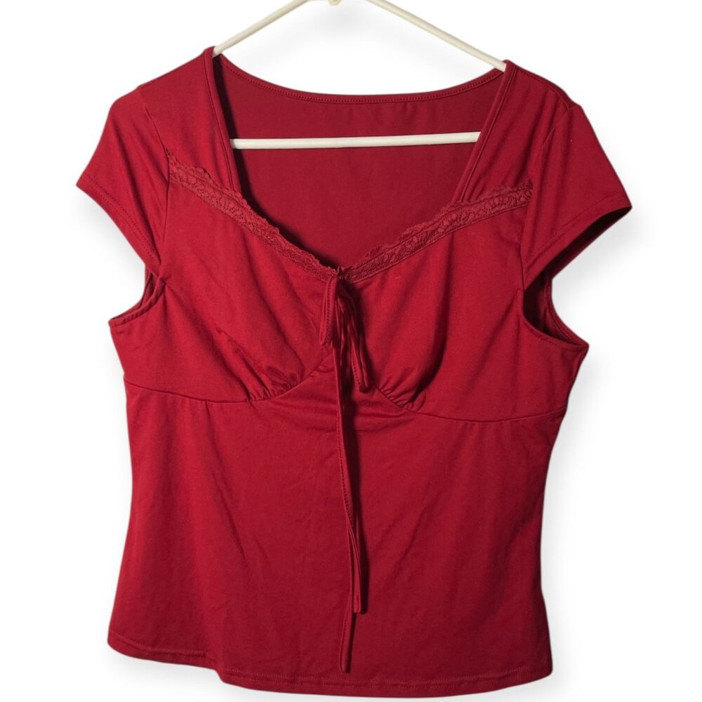Unbranded Red Lace-Trim Tie Front Top – Size M/L
